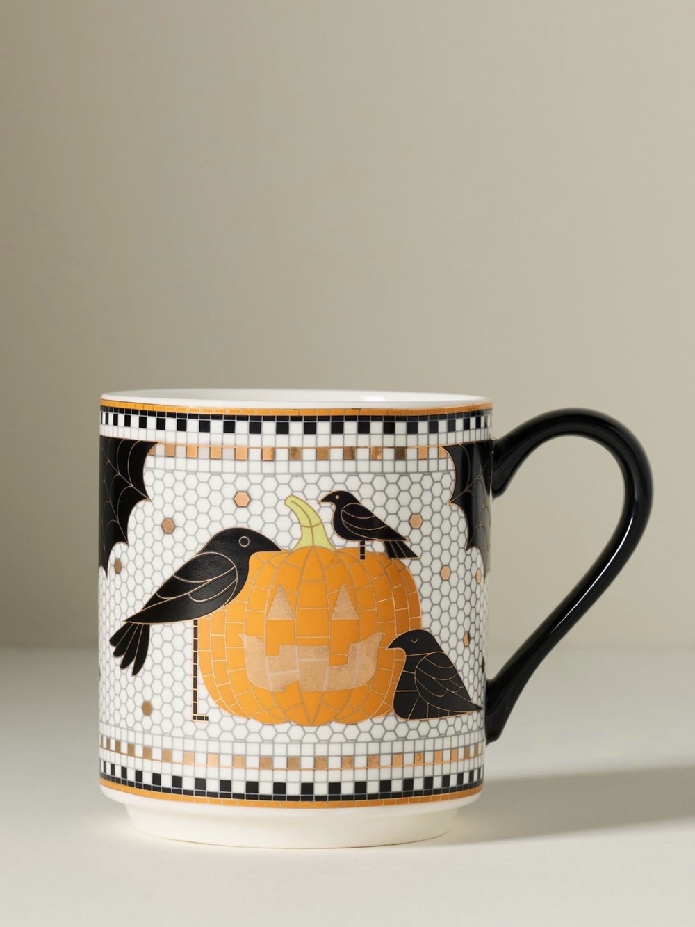 Anthropologie Bistro Tile Halloween Mug 24K Gold Accent Pumpkin Crow Spiderweb - Picture 2 of 4